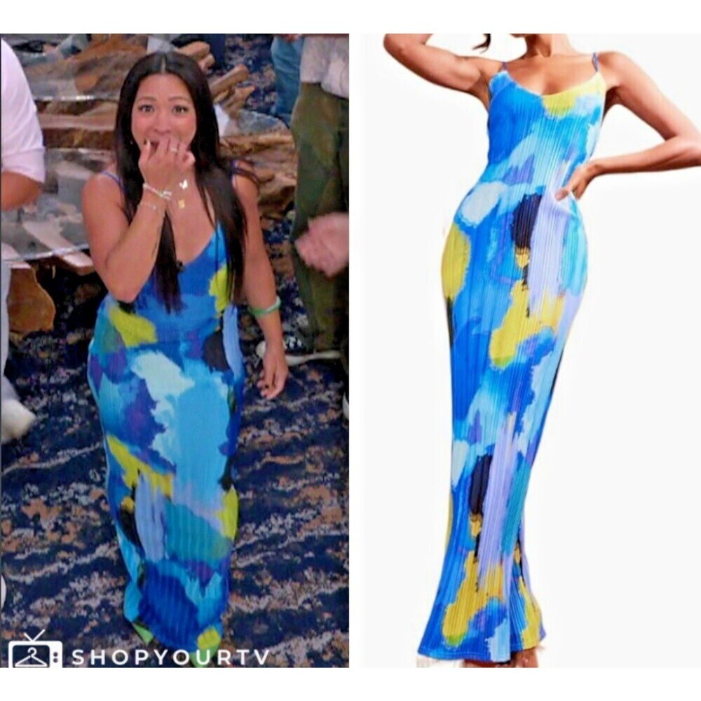 Big brother Rubina's blue abstract plisse dress strappy women maxi dress size 4‎